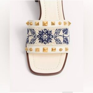 Studded Embroidered Sandals in Cream and Blue